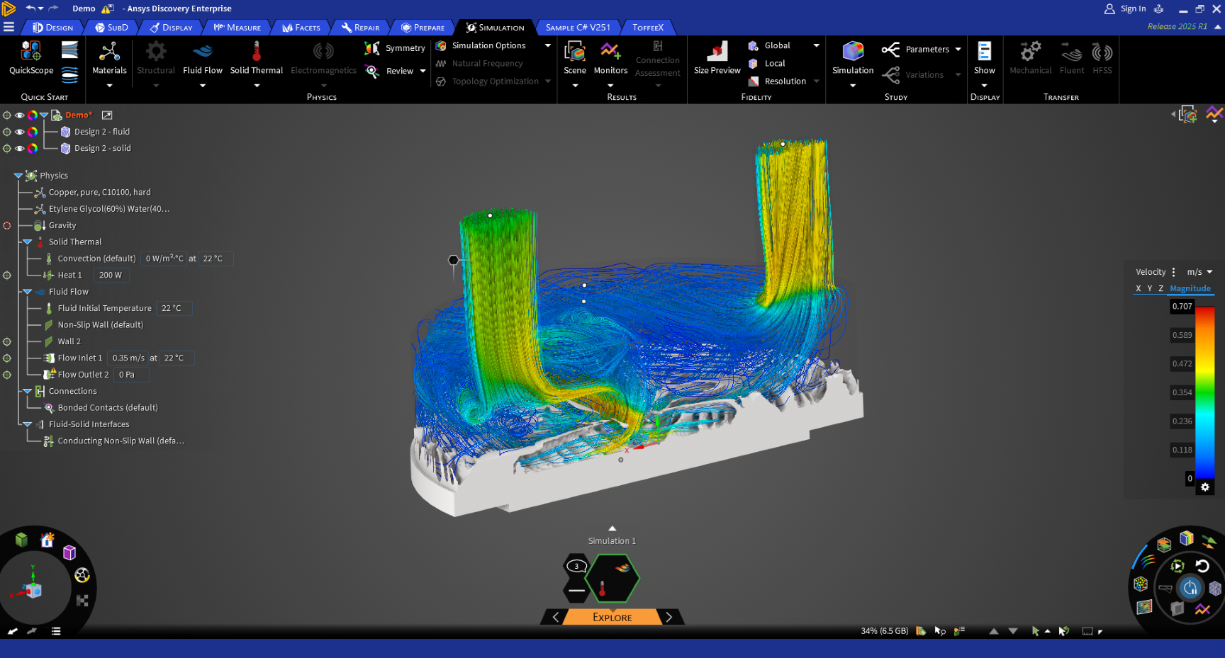Streamlines coloured by velocity magnitude in Discovery Simulation for ToffeeX