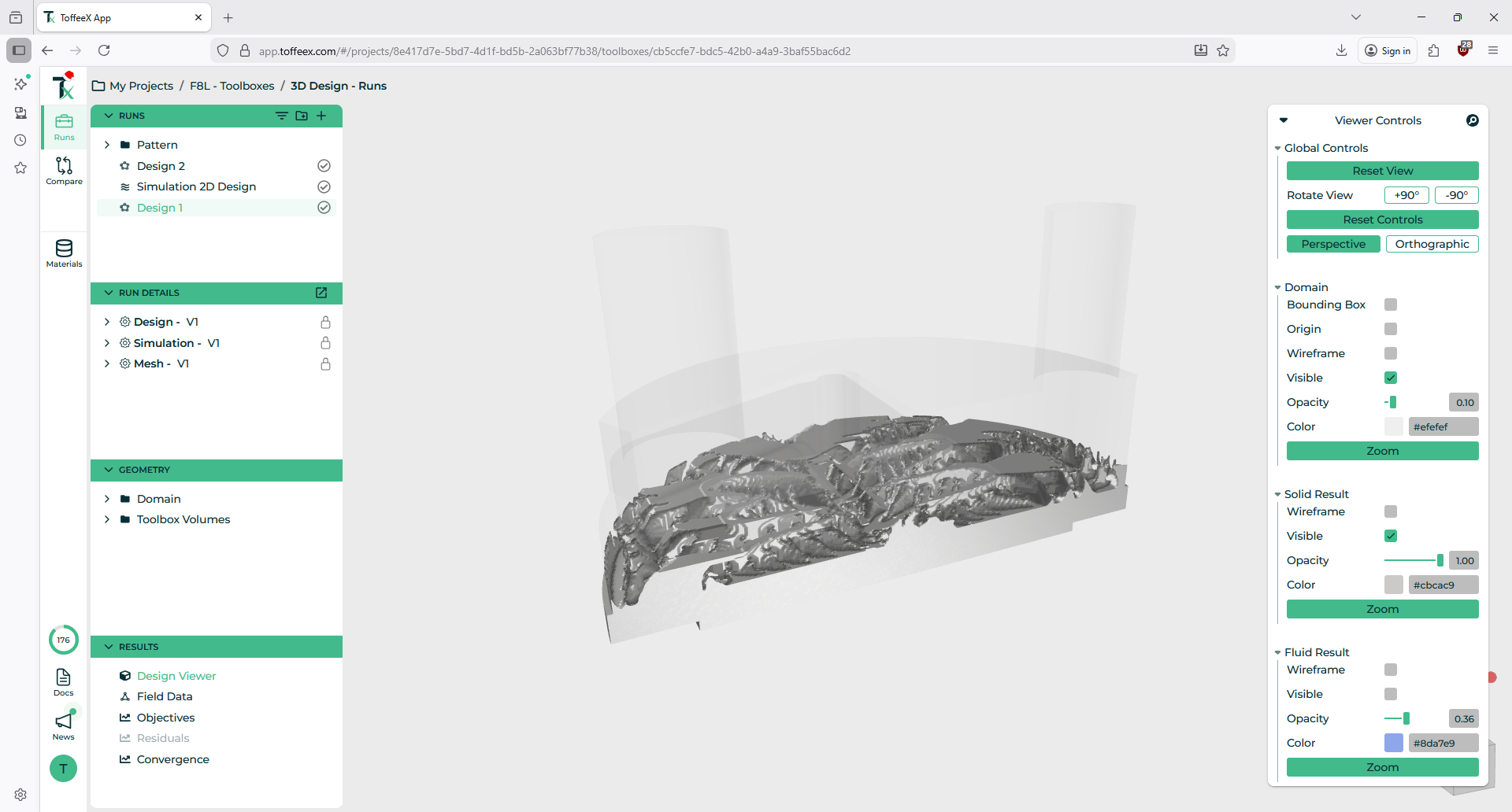 ToffeeX GUI displaying an optimized liquid cooled heat sink for electronics.