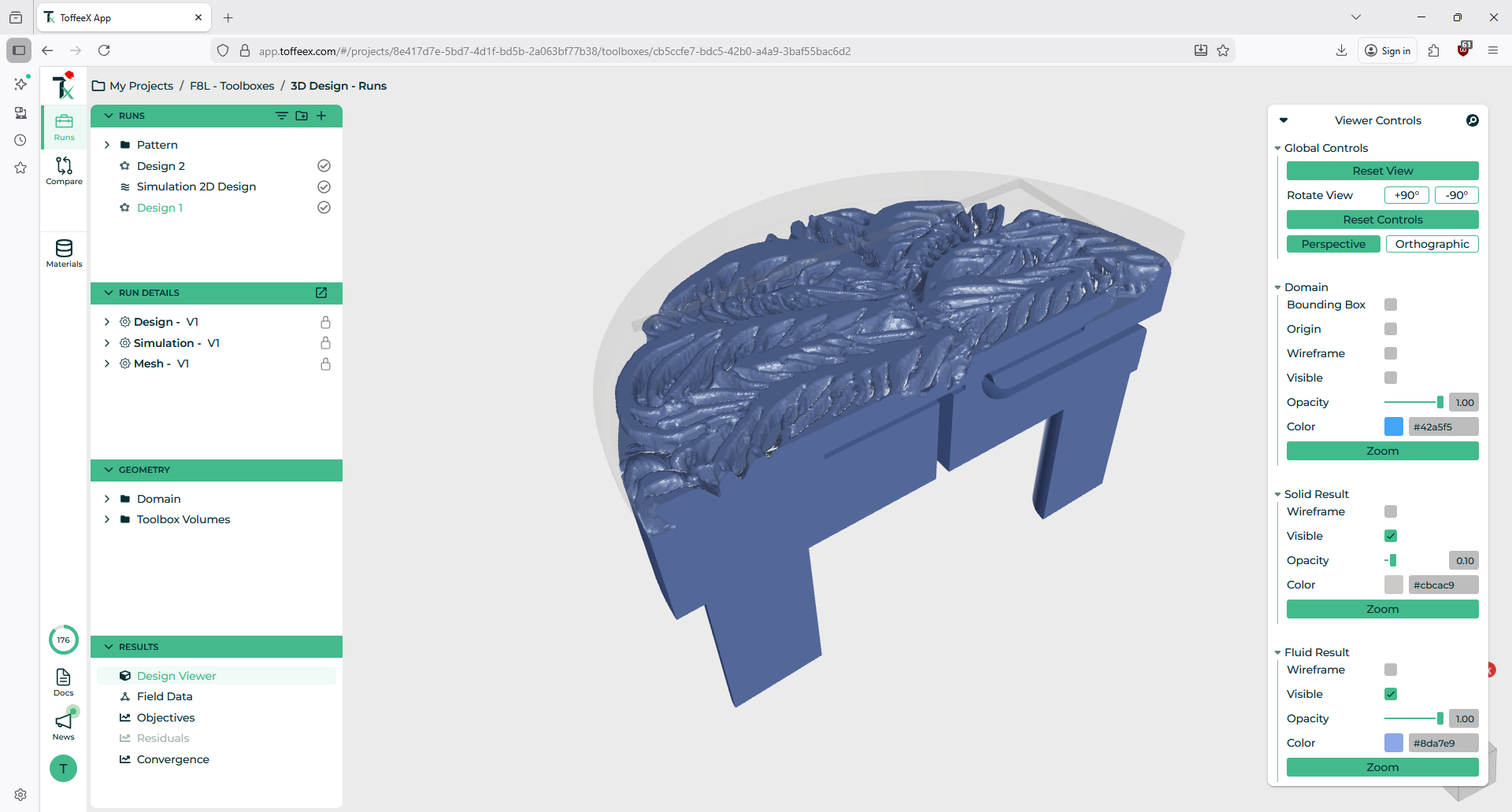 ToffeeX GUI displaying the optimized flow channels for a liquid cooled heat sink for electronics.