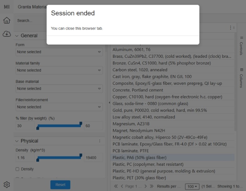 Material Picker screenshot with session ended popup