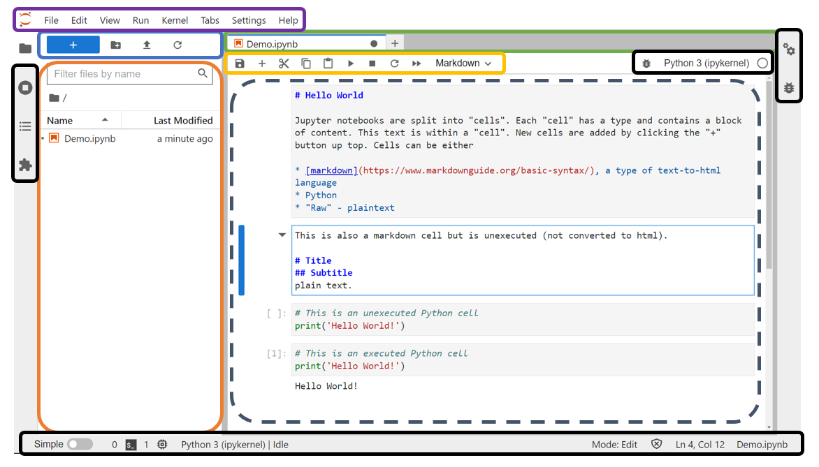the jupyterlab IDE and highlighted regions